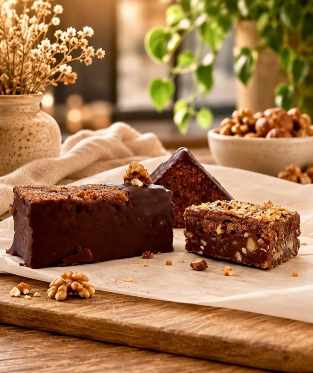 Nussecke, Baumnussstrizel und Haselnussbrownie auf einem Holzbrett
