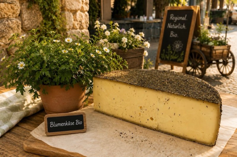 Grosses Stück Bio-Blumenkäse mit Kräuterrinde auf einem Holzbrett
